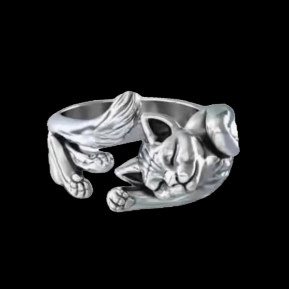New Ladies Silver Tone Kitten Cat Ring Stylish Antiqued Finish Adjustable
